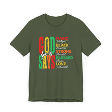 Load image into Gallery viewer, Inspirational Unisex Jersey Short Sleeve Tee - "God Says" Empowering Message
