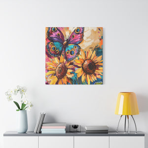 Colorful Butterfly and Sunflowers Canvas Art, Nature Wall Decor, Flower Artwork, Gift for Home, Boho Decor, Vibrant Art Print