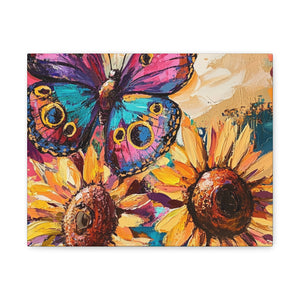 Colorful Butterfly and Sunflowers Canvas Art, Nature Wall Decor, Flower Artwork, Gift for Home, Boho Decor, Vibrant Art Print