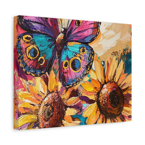 Colorful Butterfly and Sunflowers Canvas Art, Nature Wall Decor, Flower Artwork, Gift for Home, Boho Decor, Vibrant Art Print