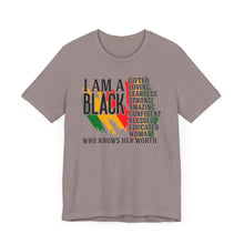 Load image into Gallery viewer, Empowered Black Woman Tee - I AM A BLACK Heart Design - Unisex Jersey Short Sleeve
