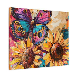 Colorful Butterfly and Sunflowers Canvas Art, Nature Wall Decor, Flower Artwork, Gift for Home, Boho Decor, Vibrant Art Print