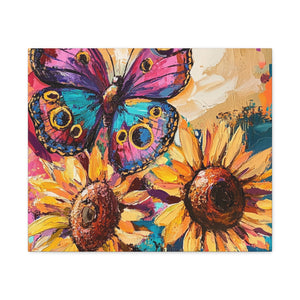 Colorful Butterfly and Sunflowers Canvas Art, Nature Wall Decor, Flower Artwork, Gift for Home, Boho Decor, Vibrant Art Print