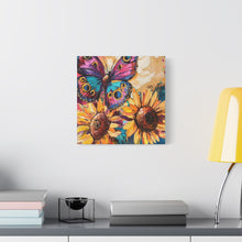 Load image into Gallery viewer, Colorful Butterfly and Sunflowers Canvas Art, Nature Wall Decor, Flower Artwork, Gift for Home, Boho Decor, Vibrant Art Print
