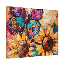 Load image into Gallery viewer, Colorful Butterfly and Sunflowers Canvas Art, Nature Wall Decor, Flower Artwork, Gift for Home, Boho Decor, Vibrant Art Print
