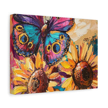 Load image into Gallery viewer, Colorful Butterfly and Sunflowers Canvas Art, Nature Wall Decor, Flower Artwork, Gift for Home, Boho Decor, Vibrant Art Print
