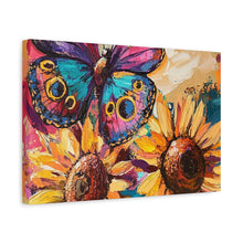 Load image into Gallery viewer, Colorful Butterfly and Sunflowers Canvas Art, Nature Wall Decor, Flower Artwork, Gift for Home, Boho Decor, Vibrant Art Print
