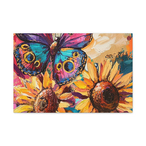 Colorful Butterfly and Sunflowers Canvas Art, Nature Wall Decor, Flower Artwork, Gift for Home, Boho Decor, Vibrant Art Print
