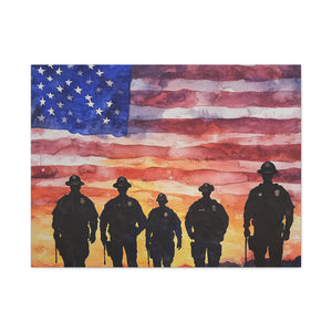 Patriotic Canvas Art - Silhouetted Police Officers with American Flag